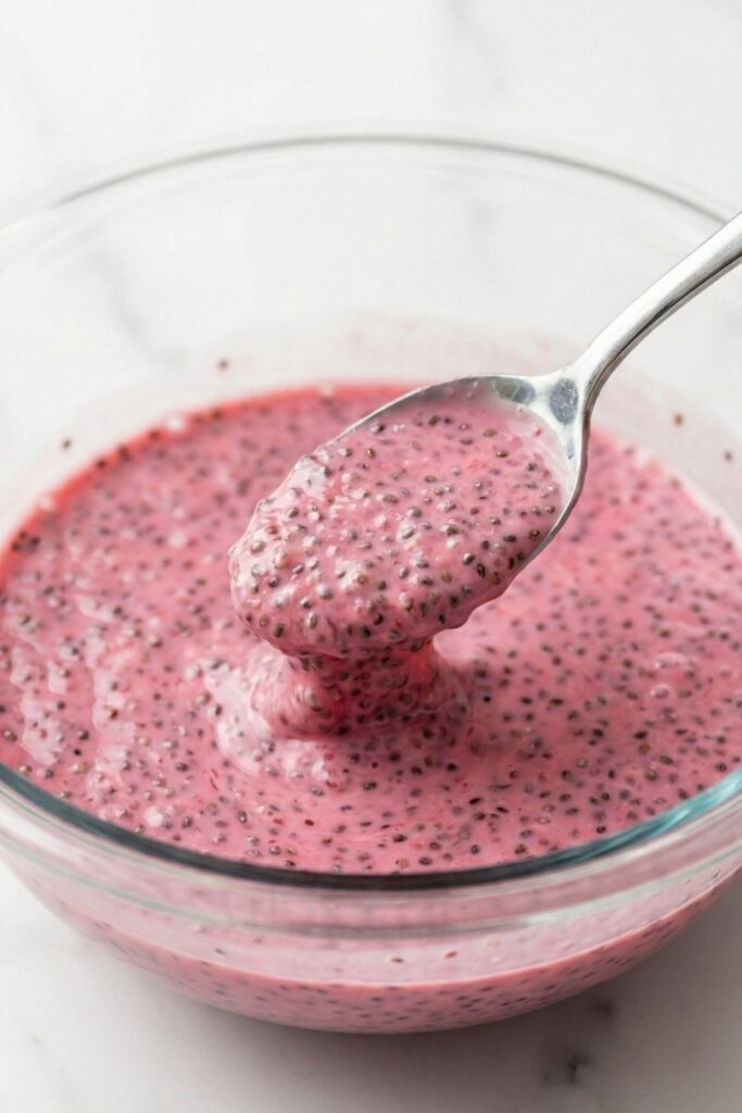 Close-up macro shot of a spoon lifting thick, gelatinous raspberry chia pudding from a bowl, showing the chia seeds fully suspended in the mixture.