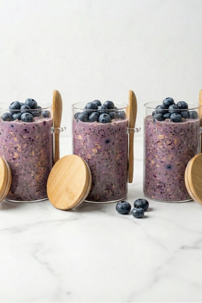 Three glass jars of blueberry and cream oats lined up symmetrically on a white counter with bamboo lids leaning against them.