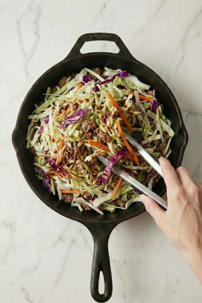 Metal tongs mixing wilted cabbage and ground turkey in a skillet, coating the vegetables in sauce for a high-protein stir fry.