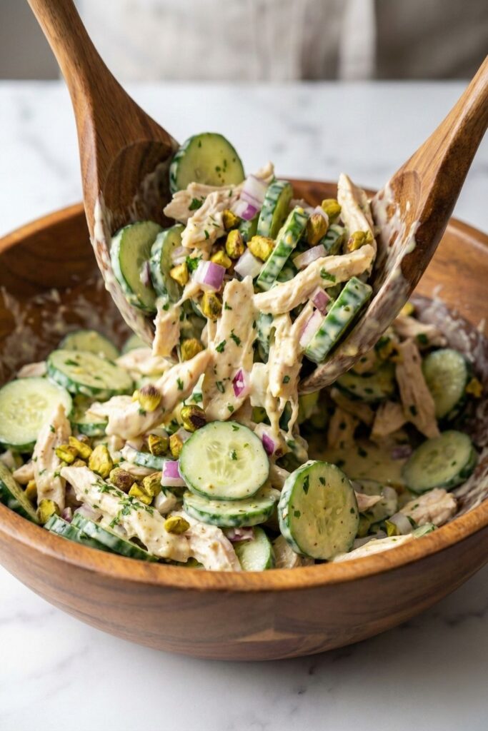 Two large wooden spoons tossing 6 cucumbers, 2 cups chicken, 1/2 onion, parsley, and 3 to 4 tablespoons pistachios until every piece is heavily coated in the high-protein yogurt dressing.