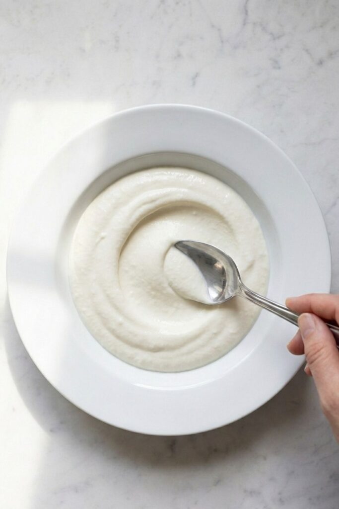Top-down view of a white shallow soup bowl filled with whipped cottage cheese, with a spoon creating a deep circular swoosh in the center.
