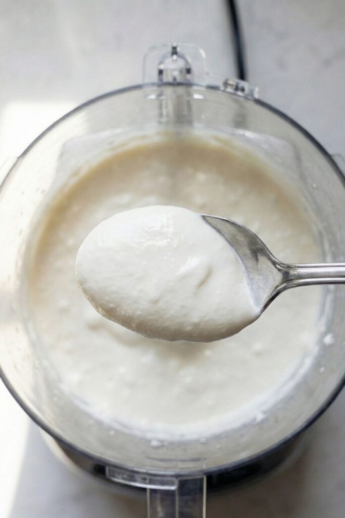 A spoonful of perfectly whipped cottage cheese held over a food processor, showing a thick, glossy, and lump-free texture similar to sour cream.