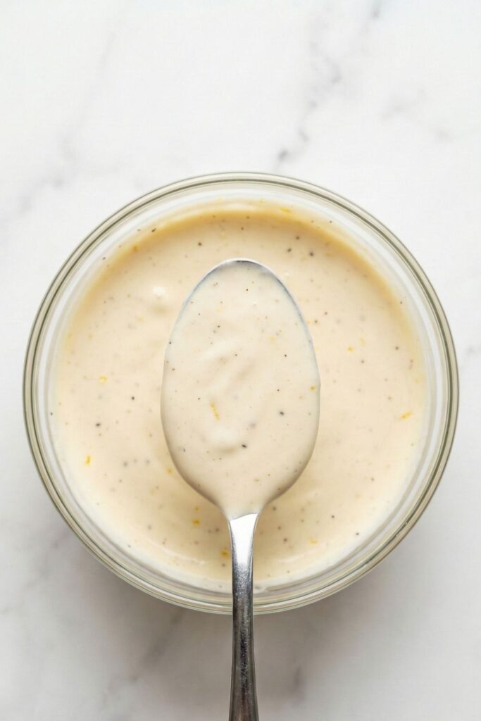 Fully whisked smooth and creamy dressing containing 1/2 cup yogurt, 2 to 3 tablespoons mayo, 1 tablespoon Dijon, 1/2 tablespoon oil, zest of 1 lemon, and juice of 1.5 to 2 lemons clinging to a spoon.
