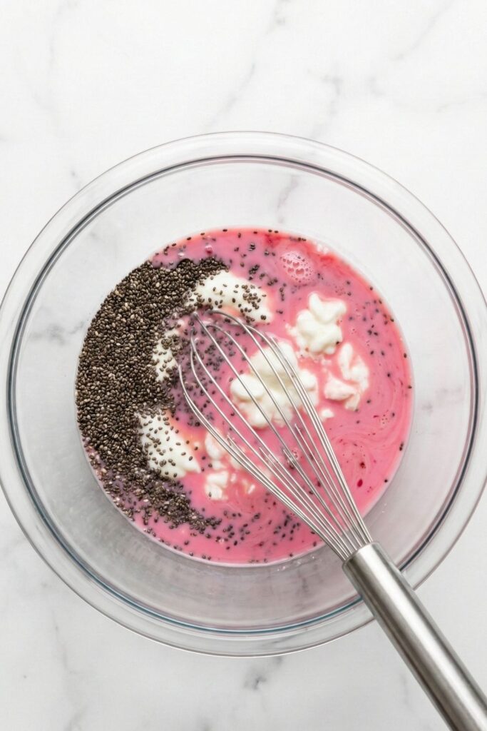 A whisk mixing dry chia seeds and yogurt into bright pink raspberry milk in a glass bowl, showing the initial combination of ingredients.