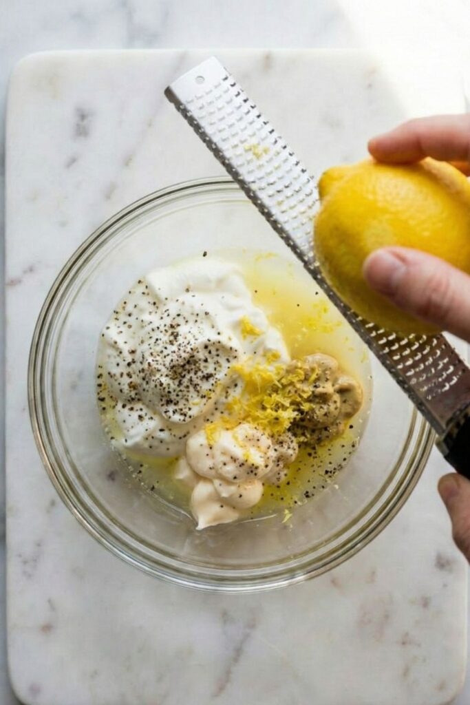 A microplane actively grating the zest of 1 lemon over a yogurt base, with a juicer squeezing the juice of 1.5 to 2 lemons into the same bowl, topped with heavy pinches of salt and pepper.