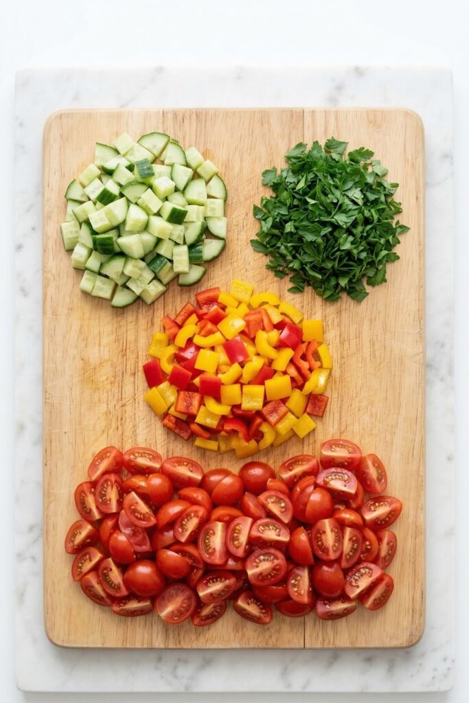 Diced English cucumber, quartered cherry tomatoes, chopped bell peppers, and fresh parsley separated into precise measurement piles on a wooden chopping board.