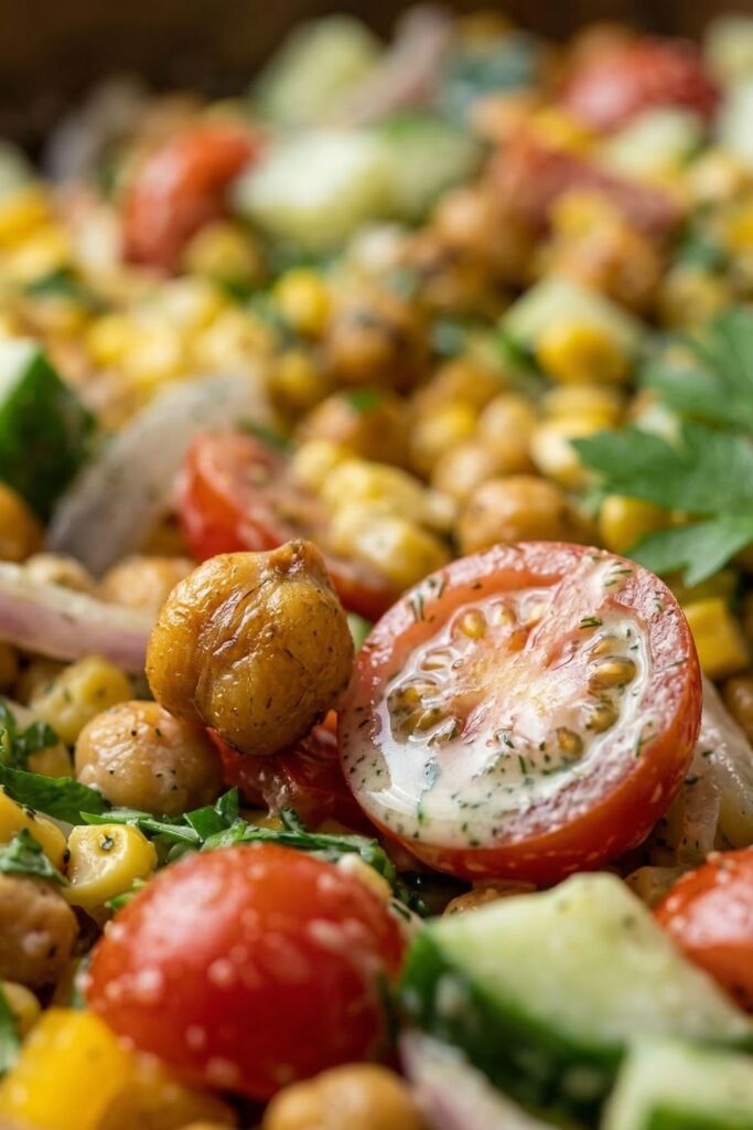 Macro close up showing the crispy texture of a roasted chickpea and a glistening cherry tomato half in a healthy vegetable salad.