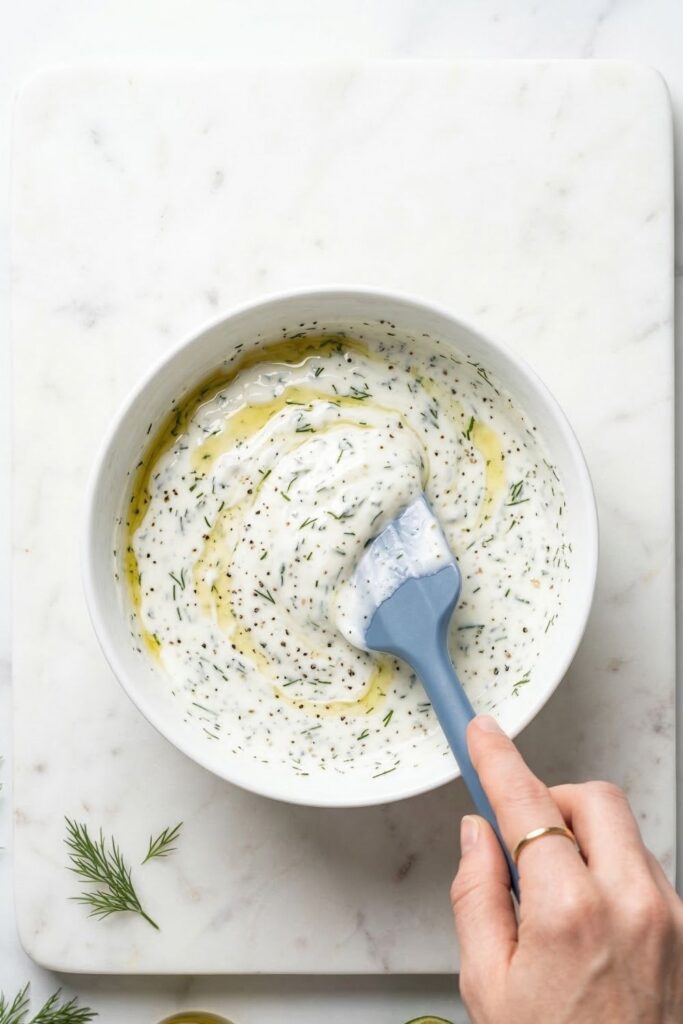Creamy plain Greek yogurt salad dressing mixed with fresh dill, lime juice, and olive oil in a small glass prep bowl.