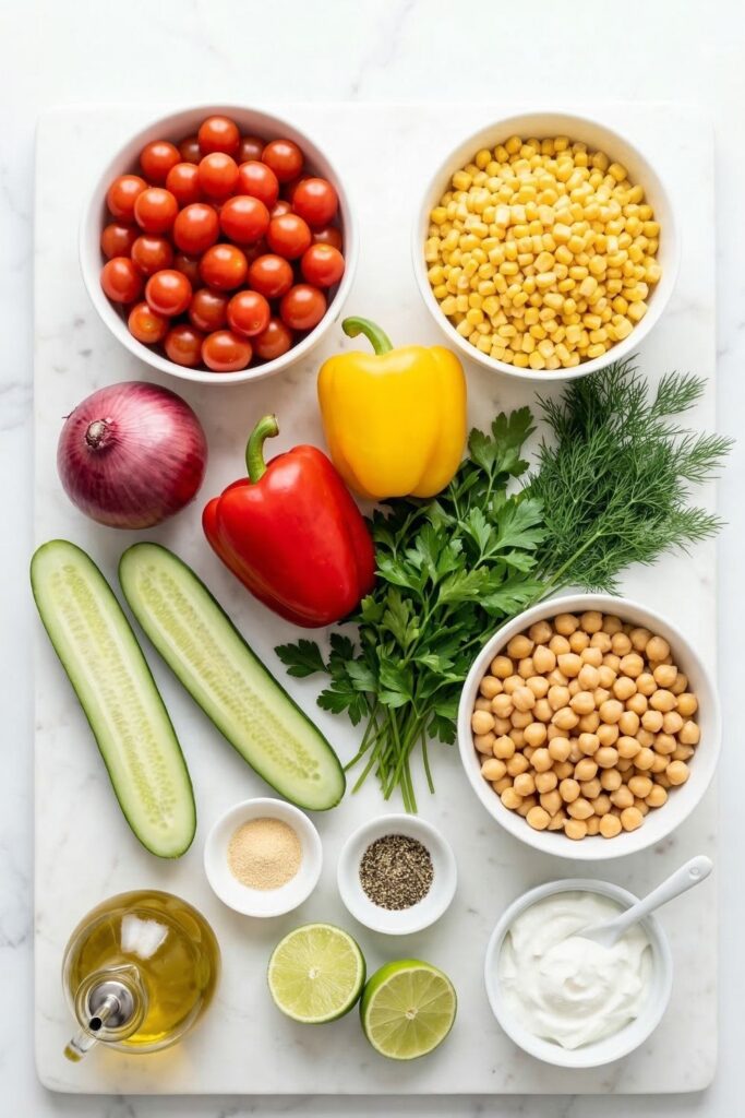 Flat lay of raw ingredients for a high protein high fiber salad including chickpeas, bell peppers, cucumber, and cherry tomatoes on a white tabletop.