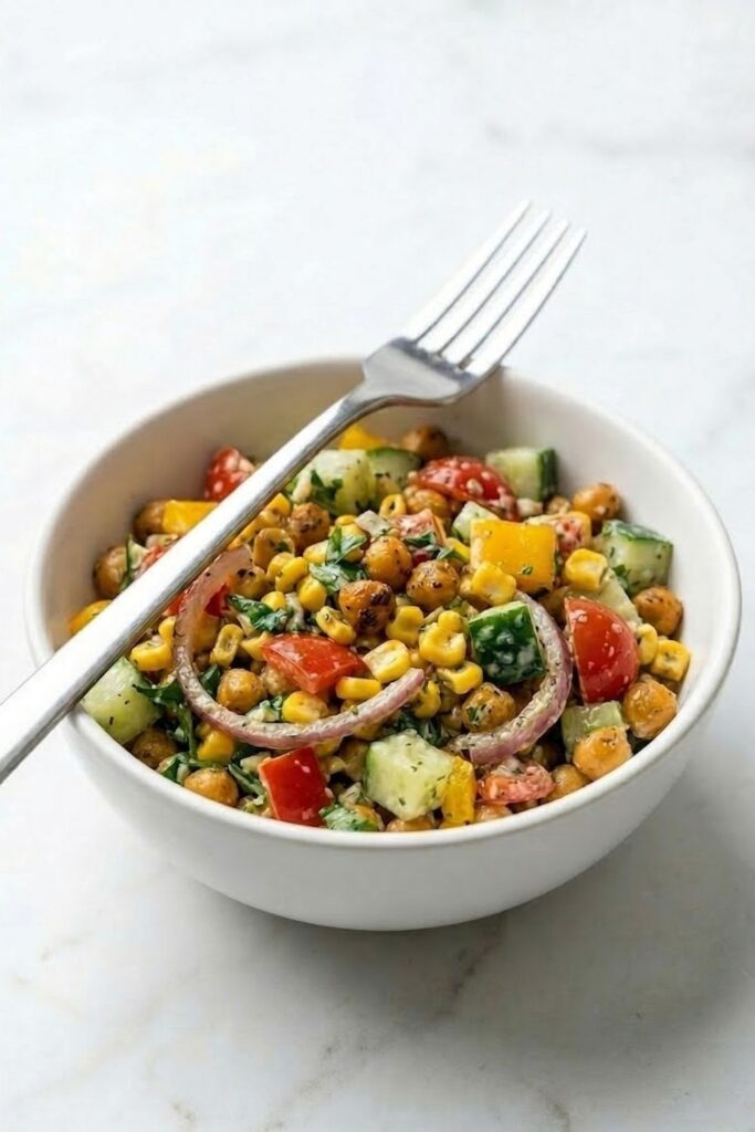 A single generous serving of high protein high fiber GLP-1 friendly salad in a white ceramic bowl with a vintage silver fork resting on the edge.