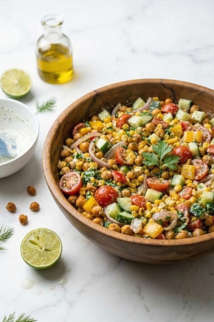 A freshly made high protein salad in a metal bowl sitting on a white table next to a squeezed lime half and an empty dressing bowl.