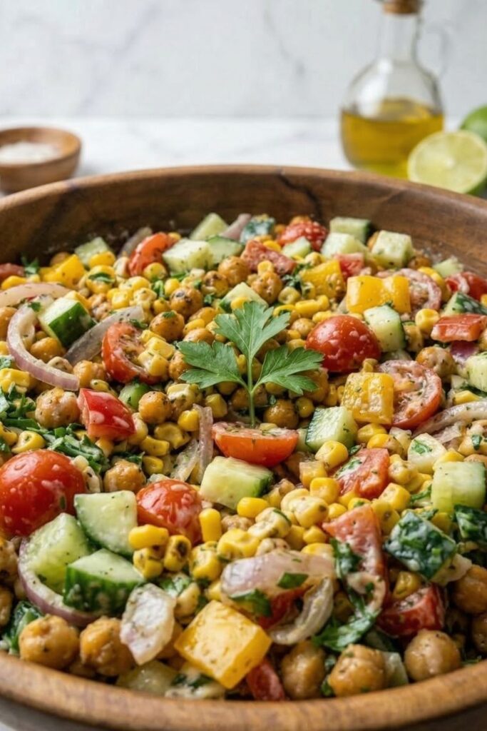 Low angle landscape view across a large bowl of tossed high protein salad highlighting the volume of chopped bell peppers, cucumbers, and roasted corn.