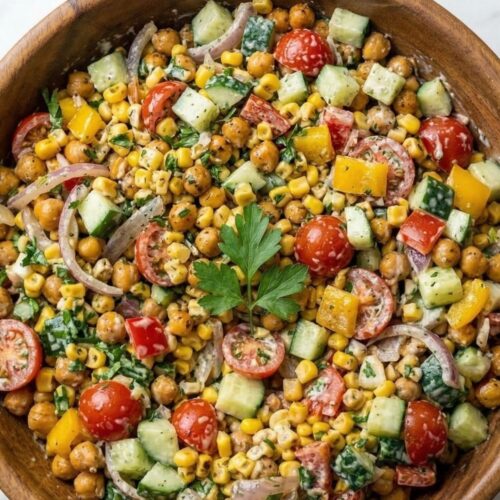 Overhead 90 degree view of a massive metal mixing bowl filled with fully tossed high protein high fiber salad coated in creamy Greek yogurt dressing.