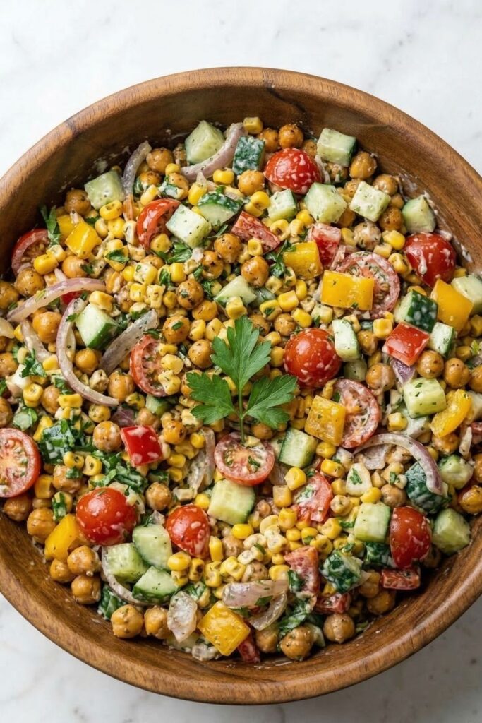 Overhead 90 degree view of a massive metal mixing bowl filled with fully tossed high protein high fiber salad coated in creamy Greek yogurt dressing.