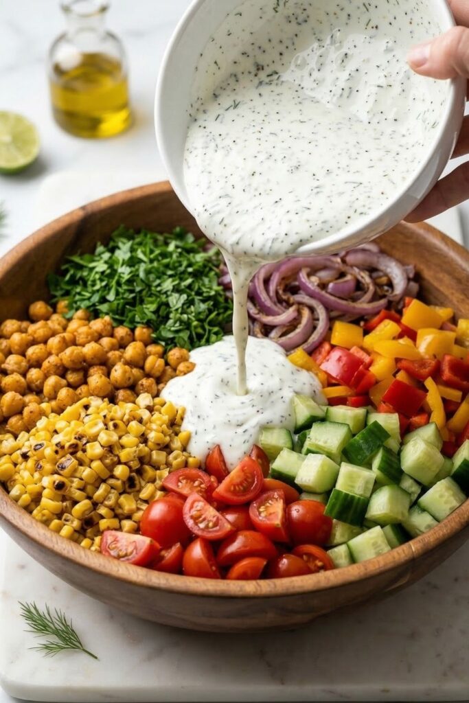 Creamy Greek yogurt dressing being poured from a small bowl over a large metal mixing bowl full of fresh vegetables, roasted chickpeas, and corn.