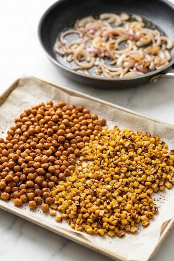 Golden brown roasted chickpeas and sweet corn on a parchment-lined baking sheet next to a frying pan of sauteed red onions.