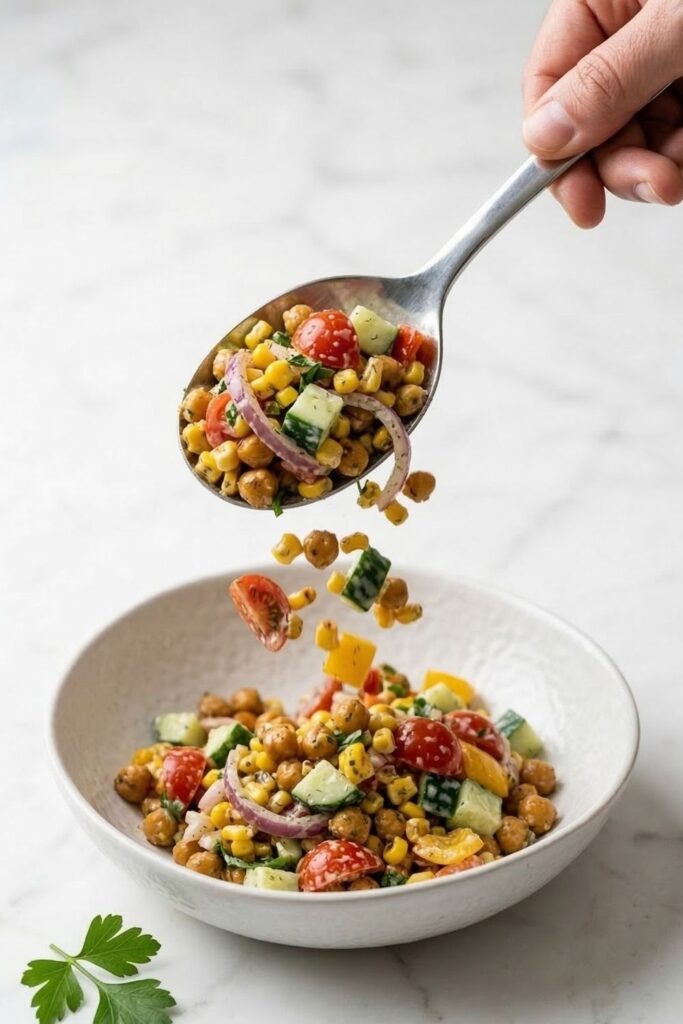 Action shot freezing the motion of fresh high protein chickpea salad tumbling from a large serving spoon into a white ceramic bowl.
