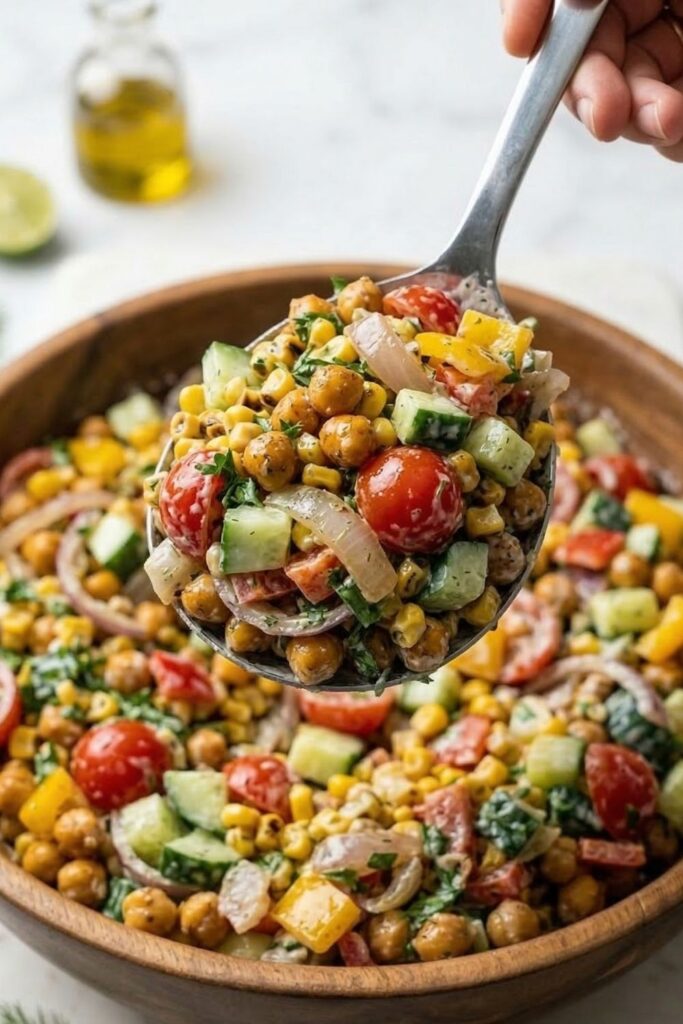A large metal serving spoon lifting a hefty portion of creamy, high protein chickpea and vegetable salad from a massive metal mixing bowl.