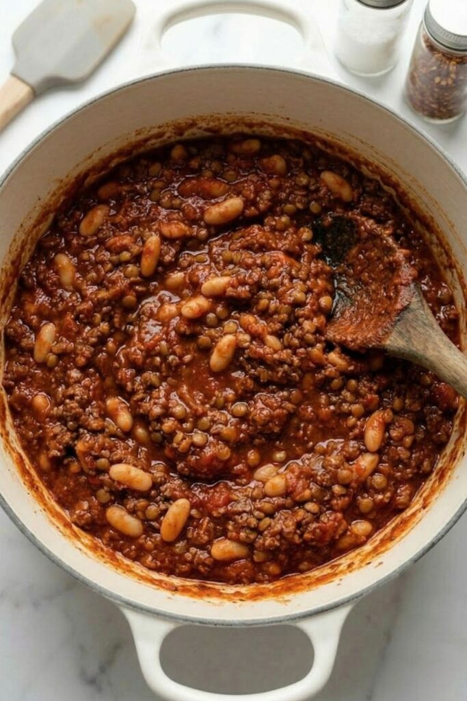 Cannellini beans and canned lentils stirred into cooked ground beef, creating a thick high protein high fiber base for a one pot ragu.