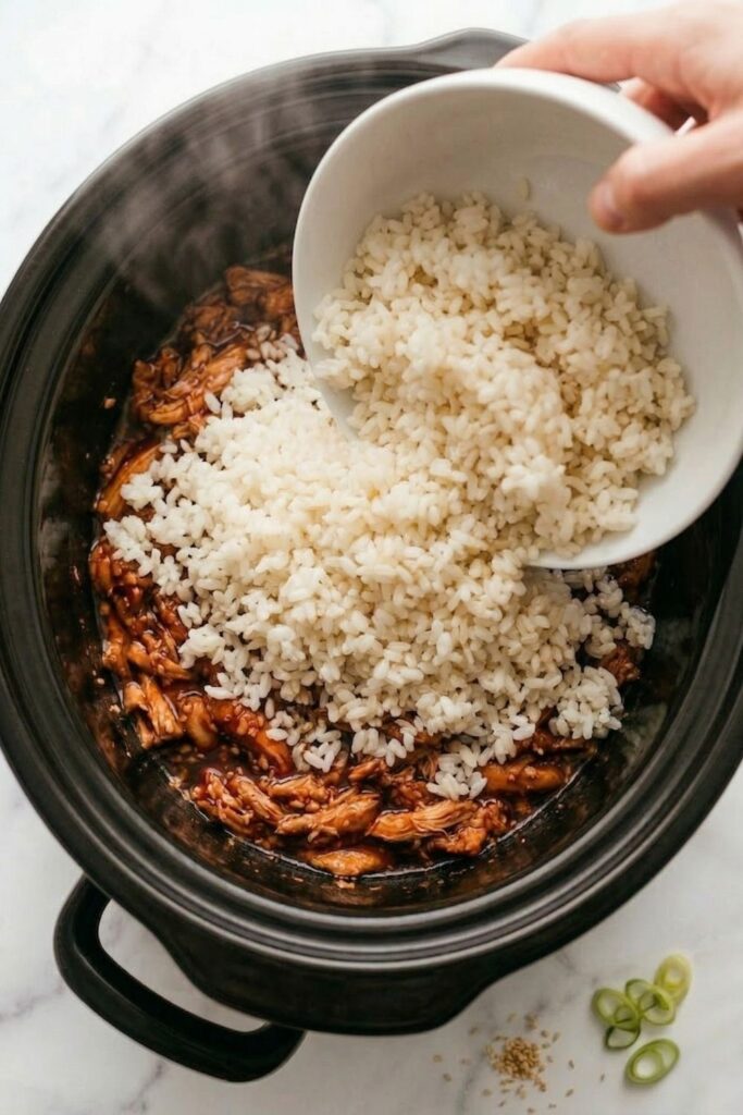 2.5 cups of fully cooked, swollen short-grain white rice added directly on top of shredded teriyaki chicken and glaze in a slow cooker.