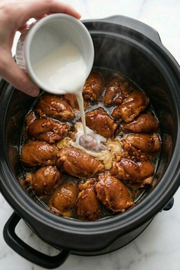 Pouring a white cornstarch slurry into the hot, thin teriyaki broth surrounding the cooked chicken thighs inside the slow cooker.