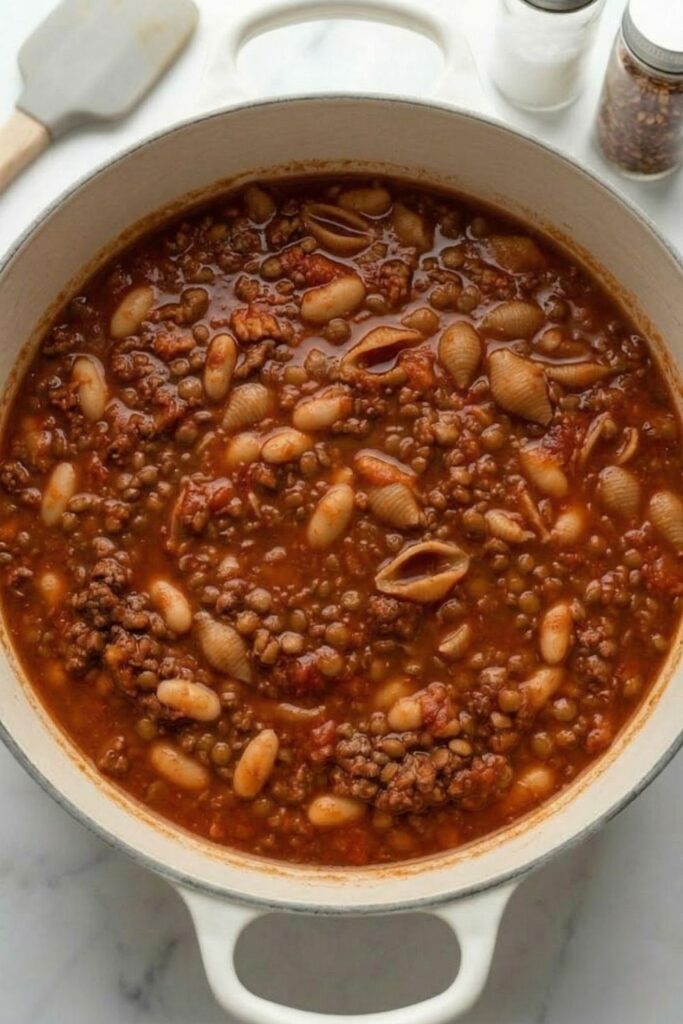 Uncooked whole wheat pasta shells submerged in a simmering beef and bone broth liquid before covering.