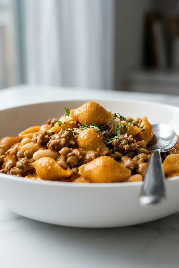 Low angle shot of a deep ceramic bowl filled with dense, meaty one pot beef, bean, and lentil ragu, highlighting the rich texture and heavy volume.
