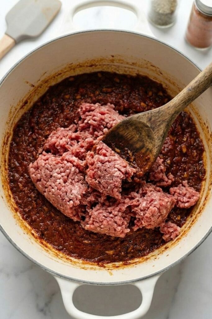 Wooden spoon breaking down 93 percent lean ground beef into caramelized tomato paste for a high protein high fiber meal prep recipe.