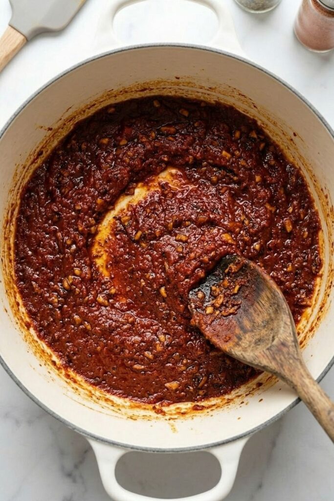 Tomato paste caramelized to a deep brick red color in a cast iron pot, demonstrating the Maillard reaction for a high protein pasta sauce.
