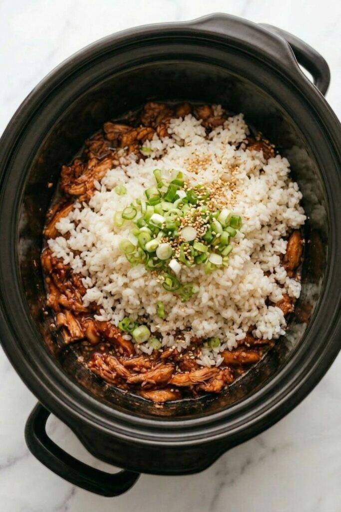 Bright green chopped scallions and white sesame seeds sprinkled over a layer of unmixed white rice and shredded chicken.