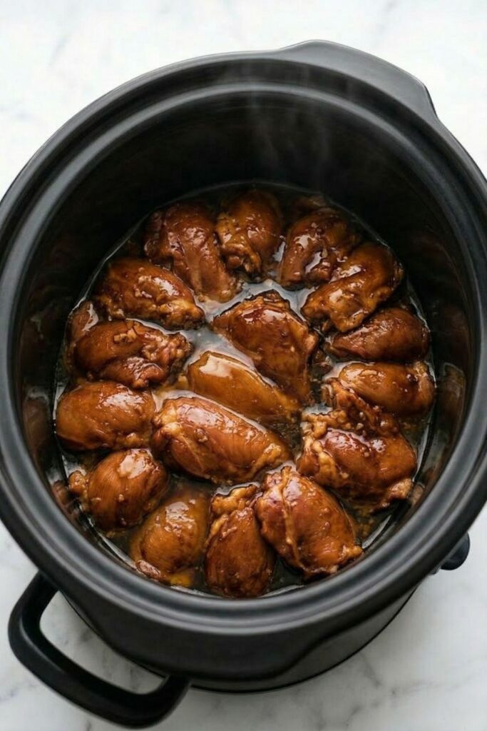Slow-cooked chicken thighs resting in a thin, dark, rendered cooking liquid with visible steam rising from the slow cooker insert.