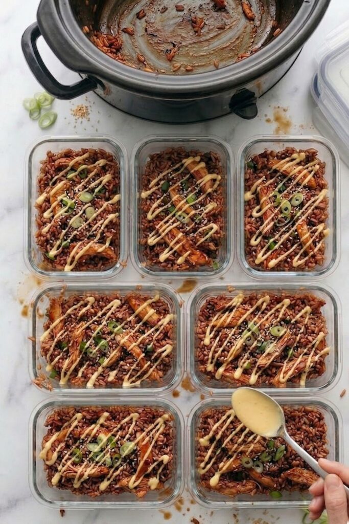 Drizzling a smooth, pale orange yogurt-based sauce in a zigzag pattern over eight portions of high-protein teriyaki chicken and rice.