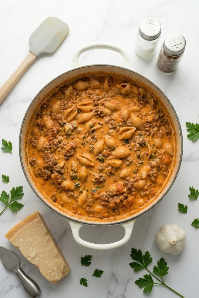 Overhead view of a large enameled pot filled with five servings of GLP-1 friendly beef and lentil ragu, surrounded by raw garlic and parmesan on a white surface.