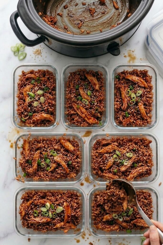 Eight identical kraft paper meal prep containers evenly filled with a teriyaki chicken and rice mixture lined up on a white surface.