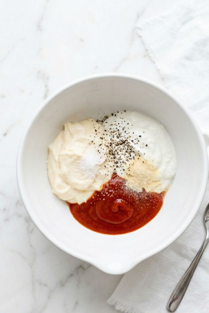 A mixing bowl containing low-fat mayo, 0 percent Greek yogurt, sriracha, salt, pepper, and garlic powder before whisking.