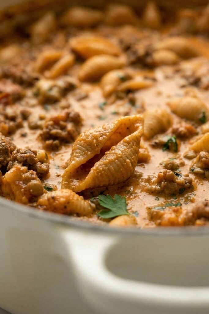Extreme close up of a single whole wheat pasta shell perfectly coated in a creamy, high protein beef and lentil ragu sauce.