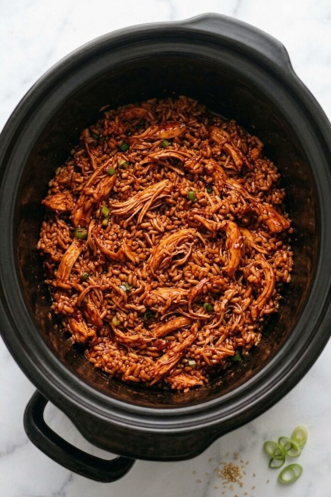 Fully folded mixture of short-grain white rice and shredded chicken, completely saturated and coated with the dark teriyaki glaze.