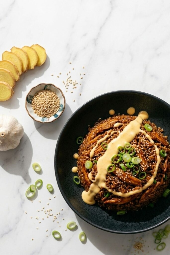 Overhead flat lay of a single plated teriyaki chicken and rice bowl casting sharp hard-light shadows on a white surface, surrounded by raw ginger root and garlic cloves.