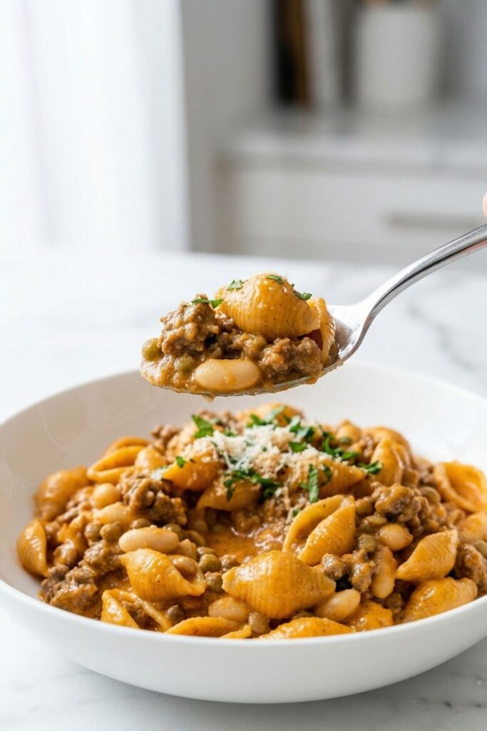 A matte spoon hovering over a bowl, holding a perfect bite of whole wheat pasta, 93 percent lean beef, and a lentil coated in a creamy sauce.
