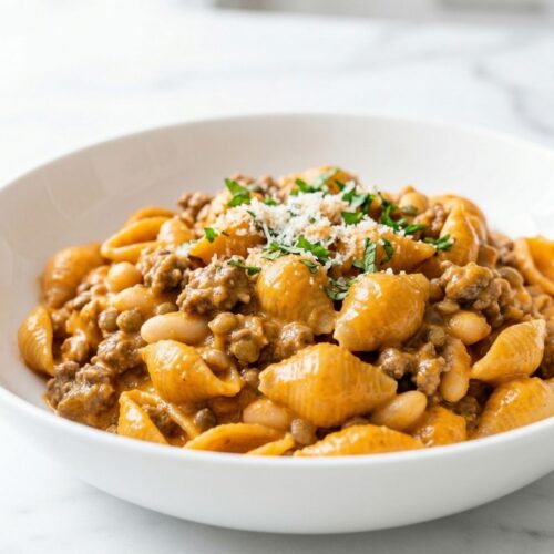 A single plated serving of creamy one pot beef, bean, and lentil ragu in a bowl, showcasing the thick sauce coating the whole wheat shells.