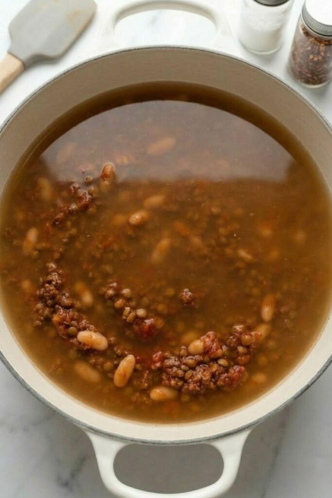 Beef bone broth and water being poured over a thick mixture of ground beef, lentils, and cannellini beans in a white enameled pot.