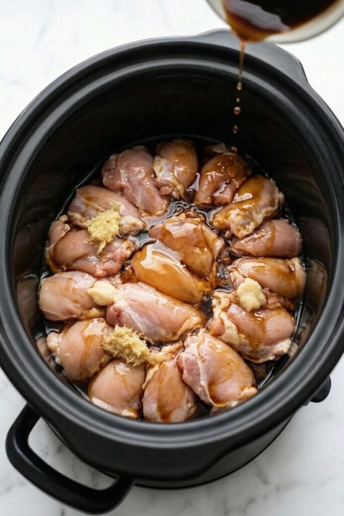Pouring a dark liquid blend of soy sauce, honey, mirin, ginger, and garlic directly over raw chicken thighs in a slow cooker.