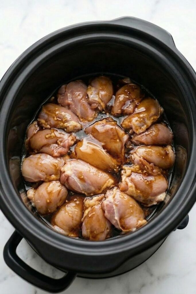 Raw chicken thighs fully submerged and coated in a glossy, dark brown teriyaki marinade before covering the slow cooker.