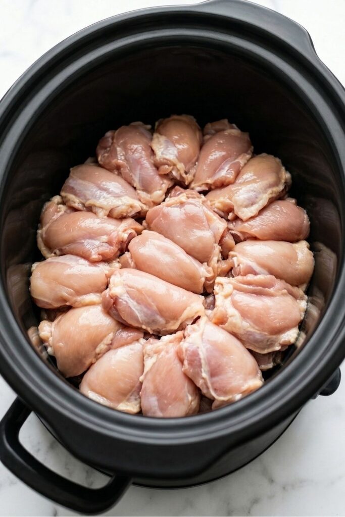 48 ounces of raw boneless skinless chicken thighs placed flat inside the white ceramic insert of a slow cooker.
