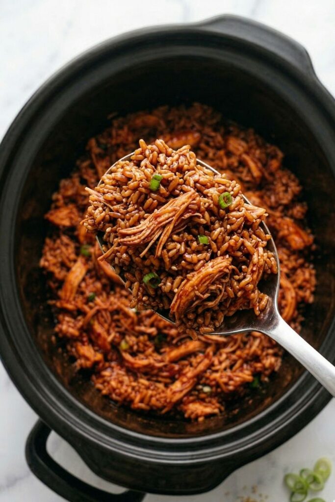 A matte serving spoon lifting a large, steaming portion of sticky teriyaki chicken and rice from a ceramic slow cooker insert, highlighting the thick viscosity and tension of the sauce.