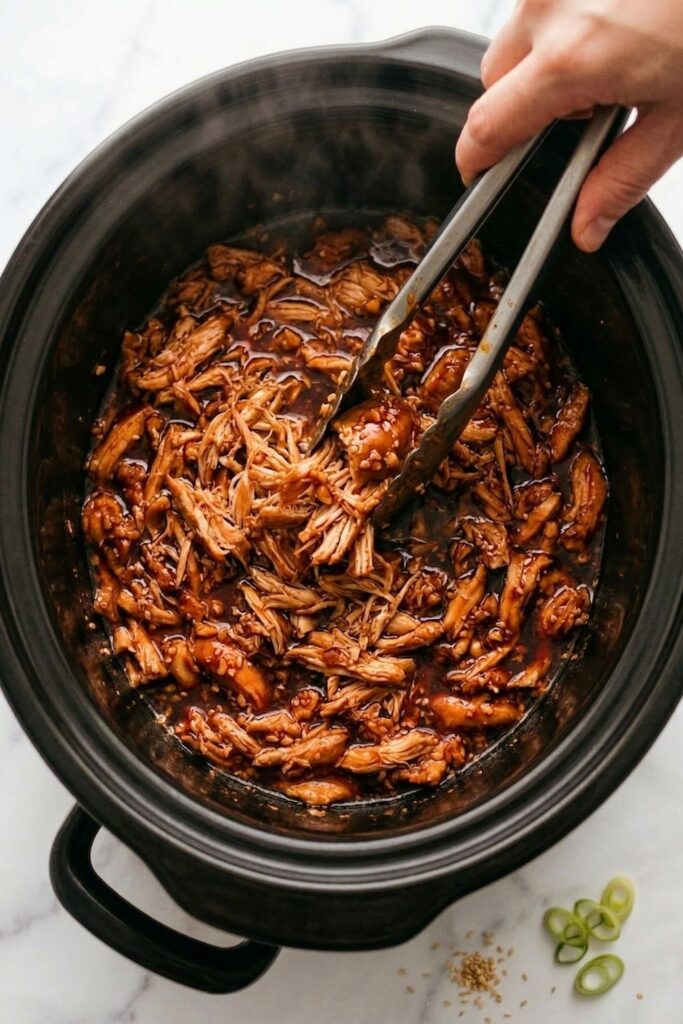 Metal tongs pulling apart and shredding tender, slow-cooked chicken thighs directly inside a thick, dark teriyaki glaze.