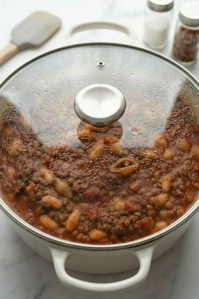 Glass lid covering a simmering pot of beef, bean, and lentil ragu, trapping steam to hydrate the whole wheat pasta shells.