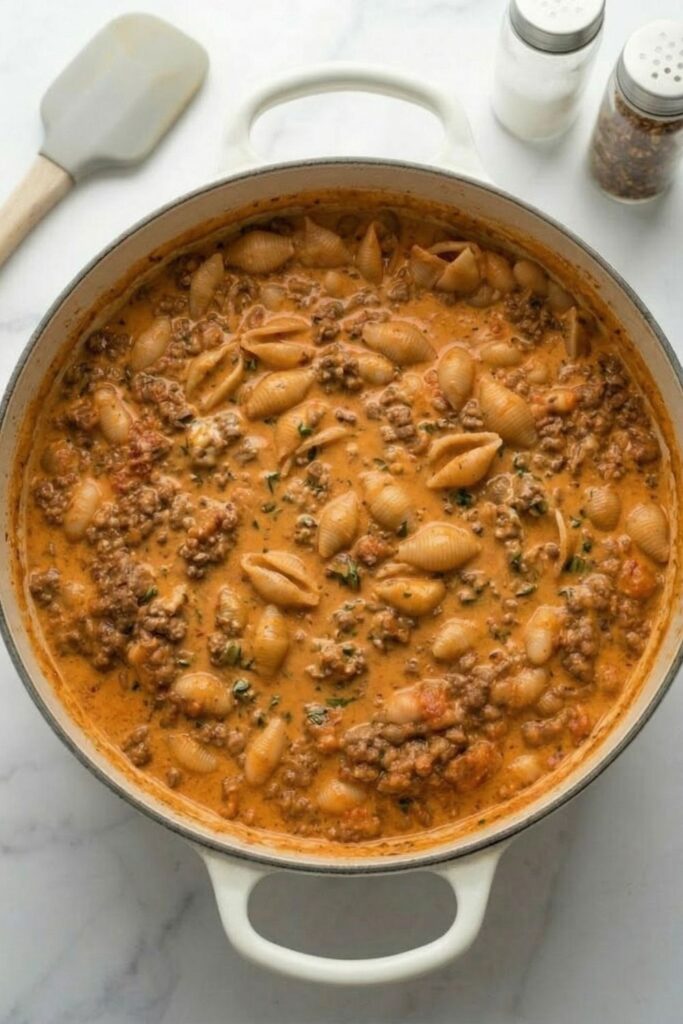 Whole milk skyr, grated parmesan cheese, and fresh herbs resting on top of a cooked one pot beef and lentil ragu before mixing.