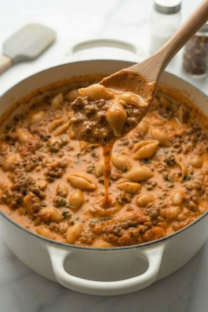 A wooden spoon lifting a thick, creamy scoop of high protein high fiber beef, bean, and lentil ragu out of a cast iron pot, showing the rich emulsion.