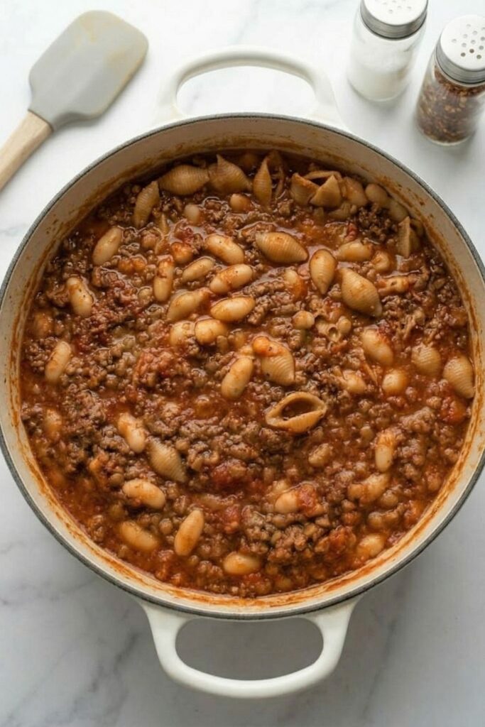Uncovered pot showing a thick, starchy emulsion of whole wheat pasta, ground beef, and legumes after a 20-minute simmer.